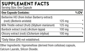 Ingredients including Berberine HCI, Indian Barberry extract, Milk Thistle extract, Silybum marianum, Burdock extract root, Arctium lappa, Chicory extract root, Cichorium intybus.