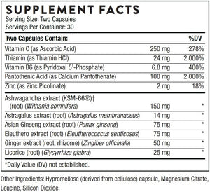 Text describing the ingredients: Vitamin C, Thiamin, Vitamin B6, Pantothenic Acid, Zinc, Ashwagandha extract, Astragalus extract, Asian Ginseng extract, Ginger extract, Licorice.