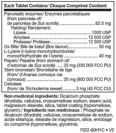 Text listing the ingredients including Pancreatic enzymes, Lipase, Amylase, Protease, Ox bile, L-Lysine, Pepsin, Bromelain, Cellulase.