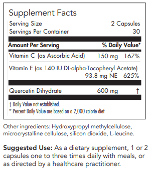 Text listing the ingredients including VItamin C, Vitamin E and Quercetin Dihydrate 600mg