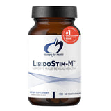 Image of a white supplement bottle that says libidostim-M supports male sexual health dietary supplemnt 60 vegetable capsules 
