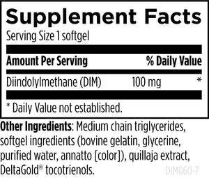 Text describing the ingredients: Diidolylmethane (DIM) 100mg.

Medium chain triglycerides, softgel ingredients (bovine gelatin, glycerine, purified ater, annatto), quillaja extract, deltagold tocotrienols