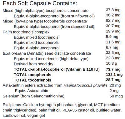 Supplement facts for E Asta Sel listing ingredients including Annatto, Astaxanthin, Haematococcus pluvialis, Selenium, Selenium selenomethionine