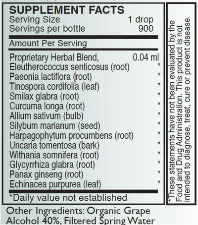 Supplement facts for A - Inflam listing ingredients including Allium sativum, Ashwagandha (Withania somnifera), Cat's claw (Uncaria tomentosa), Curcuma Longa, Echinacea purpurea