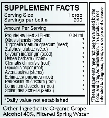 Supplement facts for NT-Detox listing ingredients including Avena Sativa, Citrus Aurantium, Echinacea purpurea, Fenugreek (Trigonella foenum-graecum), Milk thistle (Silybum marianum)
