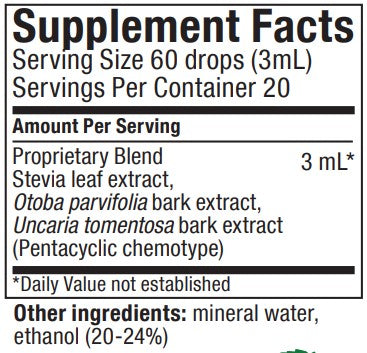 Supplement facts for Nutra-Brl listing ingredients including Cat's claw (Uncaria tomentosa), Ethanol, Otoba Parvifolia Bark Extract, Stevia leaf (Stevia rebaudiana)