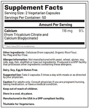 Supplement facts for Calcium2 listing ingredients including Calcium, Calcium citrate