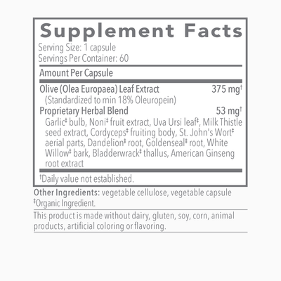 Text listing the ingredients including, Olive, Olea Europaea, Garlic Bulb, Noni fruit extract, Uva Ursi Leaf, Milk thistle seed extract, Cordyceps, St Johns Wort, Dandelion root, Goldenseal root, White Willow bark, Bladderwrack thallus, American Ginseng