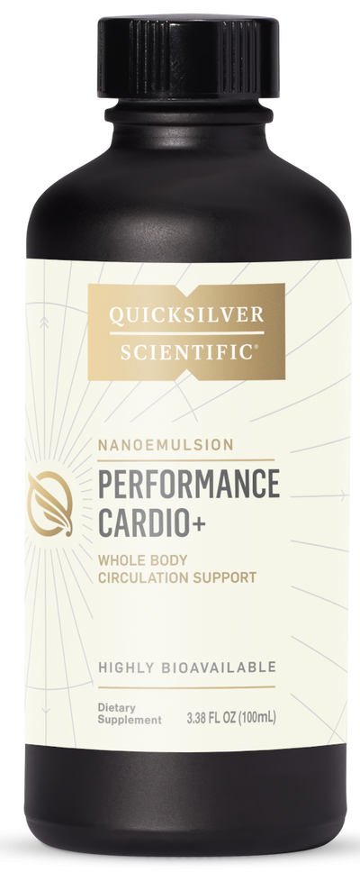 A supplement bottle with the name Perfomance Cardio+ by QuickSilver