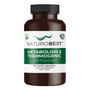 A bottle of a supplement called Metabolism & Thermagenic. White and green label.