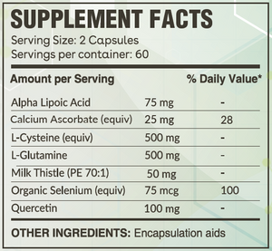 Supplement facts for GPx Immune Protect listing ingredients including Alpha Lipoic Acid, Calcium ascorbate, Cysteine (L-Cysteine), Glutamine (L-Glutamine), Milk thistle