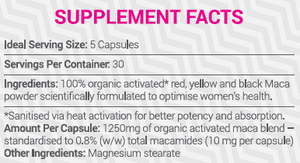 Supplement facts for Maca for Women listing ingredients including Maca extract