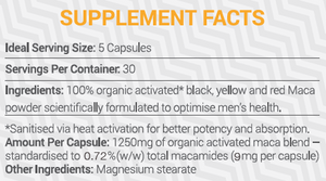 Supplement facts for Maca for Men listing ingredients including Maca extract