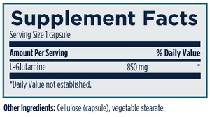 Supplement facts for L-Glutamine Caps listing ingredients including Glutamine (L-Glutamine)