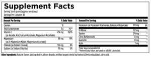 Text describing ingredients: Vitamin C, Magnesium, Potassium, D-Ribose, Taurine, Citrus Bioflavonoids, Quercetin, Rutin.