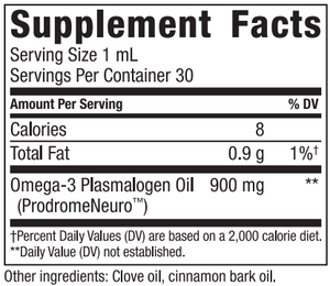 Supplement facts for PlasmalogenN3™ Oil (Formerly ProdromeNeuro) listing ingredients including Cinnamomum cassia, Clove bud, Omega 3
