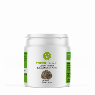 A supplement container of Coriolus-MRL™ 90T (Turkey Tail) by Mycology Research Laboratories