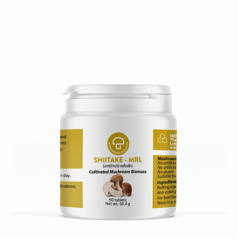 A supplement container of Shiitake-MRL ™ 90T by Mycology Research Laboratories
