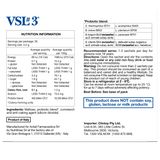 Supplement facts for VSL#3 listing ingredients including Bifidobacterium, Bifidobacterium breve, Bifidobacterium infantis, Bifidobacterium longum, Lactobacillus