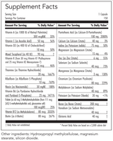 Text listing the ingredients including Vitamin A, Vitamin C, Mixed Tocopherol, Thiamine, Riboflavin, Niacin, VItamin B6, P5p, Folate, Methyltetrahydrofolate, vitamin b12, Biotin, Pantothenic Acid, Calcium, Magnesium,  Zinc, Maganese, Chromium, Potassium, Boron, Vanadium, Glutamic Acid.