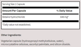 Supplement facts for Betaine HCl listing ingredients including Betaine HCI