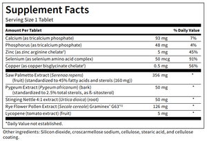 Supplement facts for Prostathera™ listing ingredients including Arginine, Beta Sitosterol, Calcium, Copper, Copper bisglycinate
