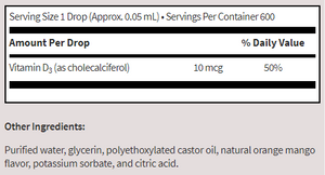 Supplement facts for Micellized Vitamin D3 Liquid listing ingredients including Cholecalciferol, Vitamin D3, Vitamin D3 (cholecalciferol)