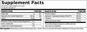 Text listing the ingredients including, Mangnesium Creatine Chelate, MagnaPower, Acetyl L-Carnitine HCl, Creatine, N-Acetyl-L-Tyrosine, Adenosine 5 Triphosphate Disodium, Peak ATP, L theanine, Caffeine, natural flavours , partially hydrolyzed guar gum, L-leucine, citric acid, stevia leaf reb M (stevia rebaudiana), luo han guo extract blend 