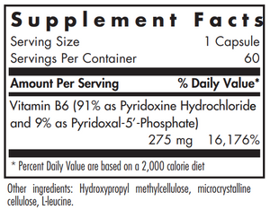 Text listing the ingredients including Vitamin b6, Pyridoxine Hydrochloride, Pyridoxal 5 Phosphate