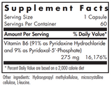 Text listing the ingredients including Vitamin b6, Pyridoxine Hydrochloride, Pyridoxal 5 Phosphate