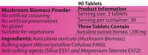 Supplement facts for Auricularia-MRL™ 90T