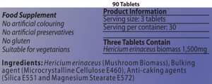 Supplement facts for Hericium-MRL™ 90T (Lion's Mane) listing ingredients including Hericium, Lion's Mane, Lion's mane