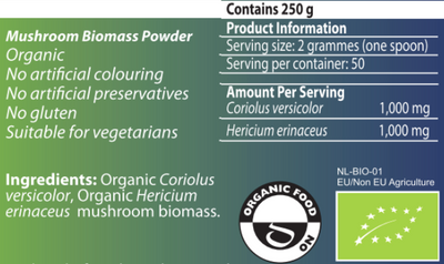 Supplement facts for Hericor-MRL™ listing ingredients including Hericium, Lion's Mane