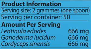 Supplement facts for Triton-MRL ™ 100g listing ingredients including Cordyceps, Reishi, Shiitake