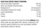 Supplement facts for Calcium Plus listing ingredients including Calcium, Cholecalciferol, Collodial Anhydrous Silica, Colloidal silicon dioxide, Lysine