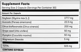 Supplement facts for Moderaflam 60s listing ingredients including Avocado (Persea Gratissima), Avocado oil, Citrus Aurantium, Citrus Bioflavonoids extract, Glycine