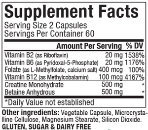 Supplement facts for Methyl Complete listing ingredients including Betaine Anhydrous, Calcium, Creatine Monohydrate, Folate, Vitamin B12