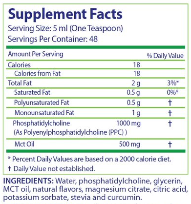 Supplement facts for Phoscol PPC Kids 240 mL Liposome Orange Cream listing ingredients including Glycine, Helichrysum Hydrosol, Indian Frankincense Extract, Lavender Extract, Mct oil