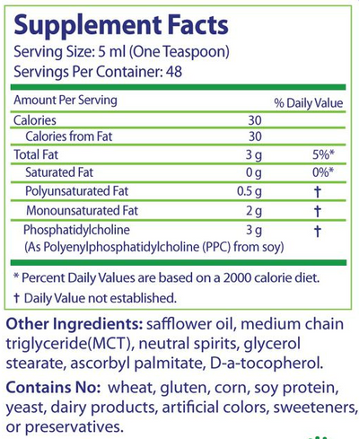 Supplement facts for PhosChol Liquid Concentrate 236.5 mL listing ingredients including Ascorbyl Palmitate, Glyceryl Stearate SE, Magnesium stearate, Magnesium stearate, Mct oil