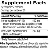 Text describing the ingredients: Bergamot (Bergavit 40) Red Grape Powder (Vinia), dicalcium phosphate, vegetable stearate, microcrystalline cellulose, silicon dioxide 