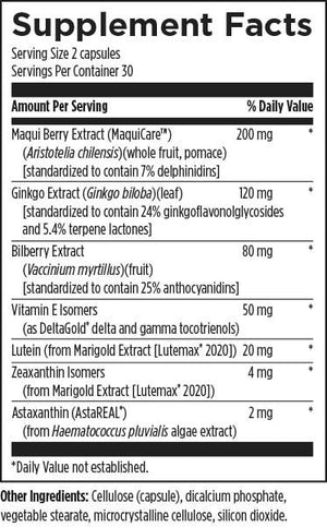 Supplement facts for OcuForce Blue listing ingredients including Algae extract, Anthocyanidins, Astaxanthin, Astaxanthin, Bilberry