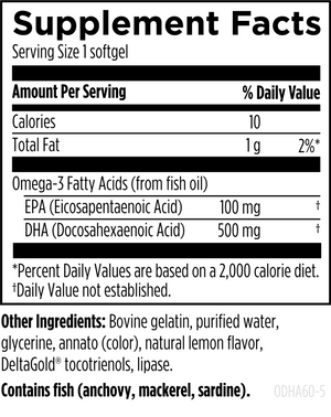 Text listing the ingredients including Omega 3, EPA, DHA, Eicosapentatenoic acid, Docosahexaenic acid, bovin gelatin, purified water, glycerine, annato (color), naural lemon flavour, delta gold tocotrienols, lipase