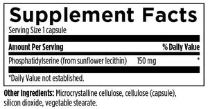 Supplement facts for PS 150 listing ingredients including Phosphatidylserine, Sunflower lecithin