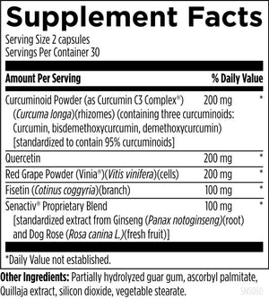 Supplement facts for Senolytic Synergy listing ingredients including Curcuma Longa, Curcumin, Curcumin, Curcuminoid Powder, Ginseng