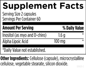 Text describing the ingredients which include Inositol (as myo and D-Chiro) and Alpha Lipoic Acid, cellulose (capsule), microcrystalline cellulose, vegetable stearate, silicon dioxide