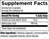 Text describing the ingredients which include Inositol (as myo and D-Chiro) and Alpha Lipoic Acid