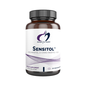 A white bottle that is called designs for health sensitol MYO-INOSITOL, D-CHIRO-INSOITOL + ALA 120 vegetarian caps 