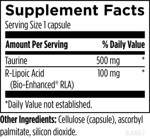 Supplement facts for Stabilized R-Lipoic Acid Supreme listing ingredients including Alpha-lipoic acid R-form, R-Alpha Lipoic Acid, Taurine