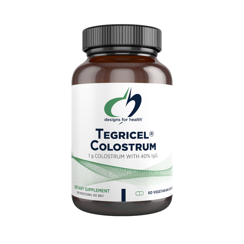 A supplement bottle with the name Tegricel Colostrum by Designs for Health