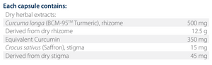 Text listing the ingredients including Cucuma longa, BCM-95 Tumeric, Rhizome, Curcumin, Crocus sativus, Saffron, Stigma
